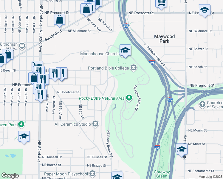map of restaurants, bars, coffee shops, grocery stores, and more near 3410 Northeast Cadet Avenue in Portland