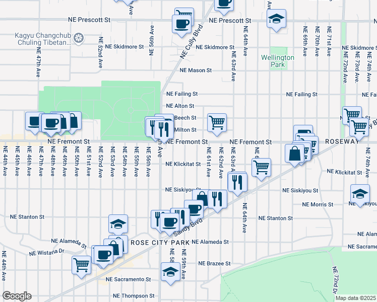 map of restaurants, bars, coffee shops, grocery stores, and more near 3406 Northeast 59th Avenue in Portland