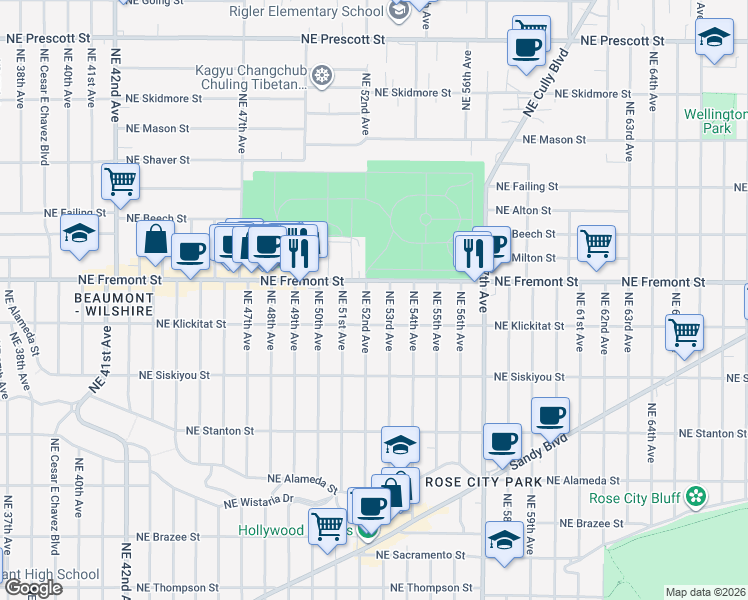 map of restaurants, bars, coffee shops, grocery stores, and more near 3335 Northeast 52nd Avenue in Portland