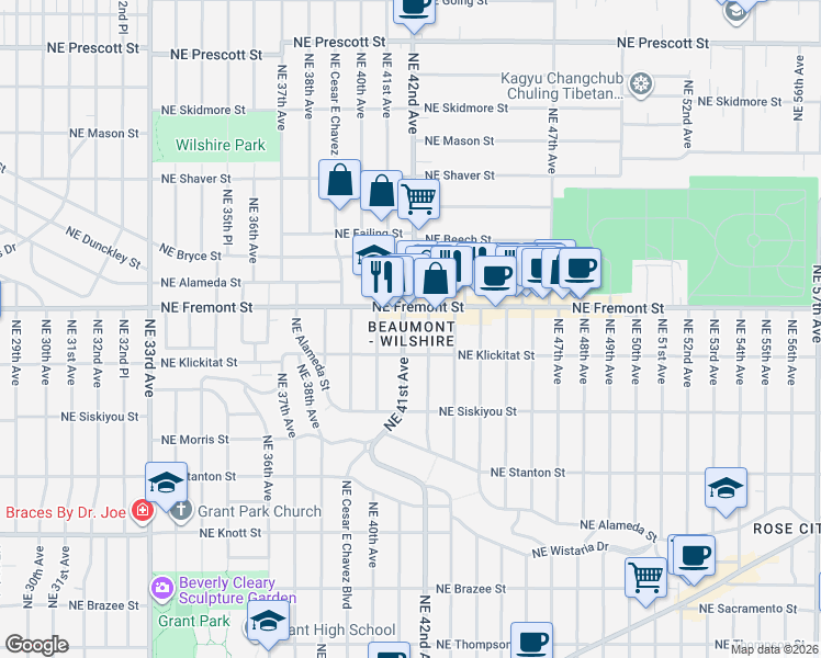 map of restaurants, bars, coffee shops, grocery stores, and more near 3334 Northeast 41st Avenue in Portland