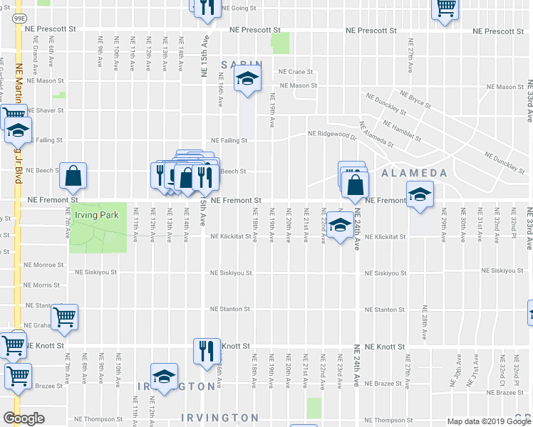 map of restaurants, bars, coffee shops, grocery stores, and more near 3404 Northeast 19th Avenue in Portland