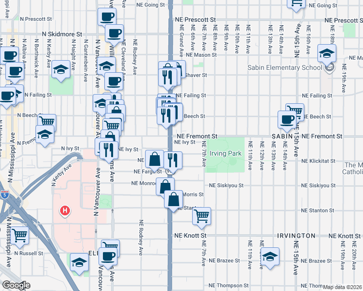 map of restaurants, bars, coffee shops, grocery stores, and more near 427 Northeast Cook Street in Portland