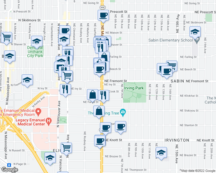 map of restaurants, bars, coffee shops, grocery stores, and more near 427 Northeast Cook Street in Portland