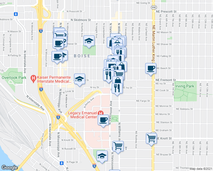 map of restaurants, bars, coffee shops, grocery stores, and more near 223 North Ivy Street in Portland