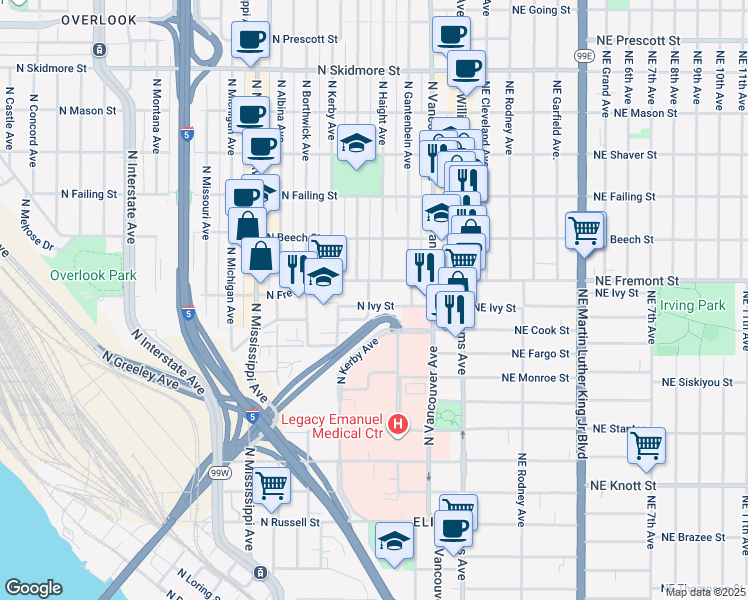 map of restaurants, bars, coffee shops, grocery stores, and more near 333 North Ivy Street in Portland