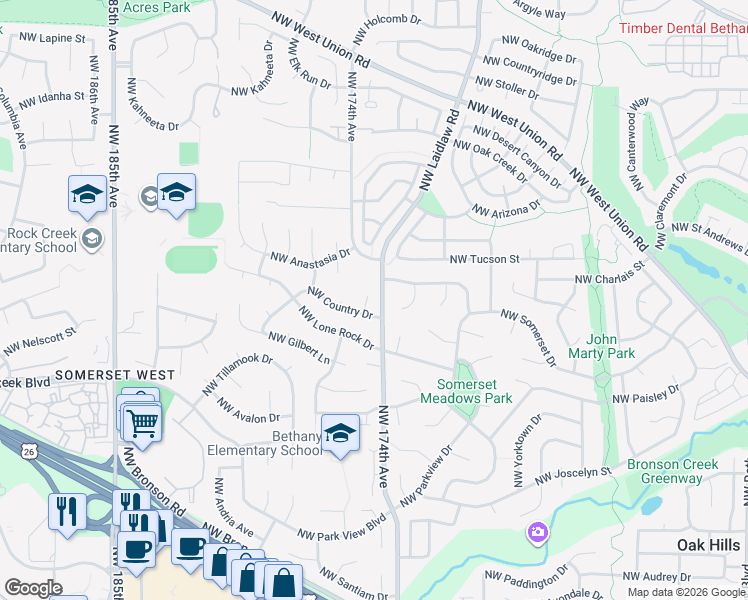 map of restaurants, bars, coffee shops, grocery stores, and more near 3815 Northwest 172nd Place in Beaverton