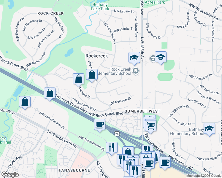 map of restaurants, bars, coffee shops, grocery stores, and more near 19035 Northwest Astoria Drive in Portland