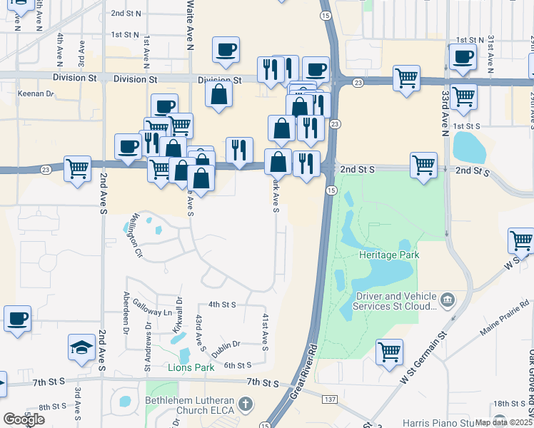 map of restaurants, bars, coffee shops, grocery stores, and more near 245 Park Avenue South in St. Cloud