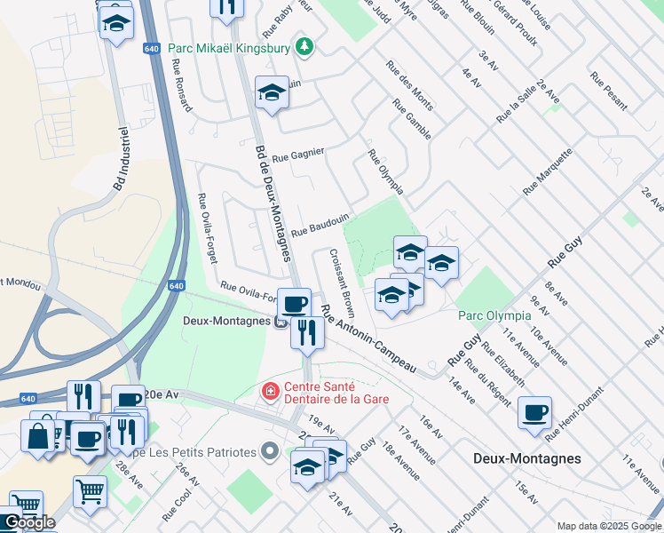 map of restaurants, bars, coffee shops, grocery stores, and more near 622 Croissant Brown in Deux-Montagnes