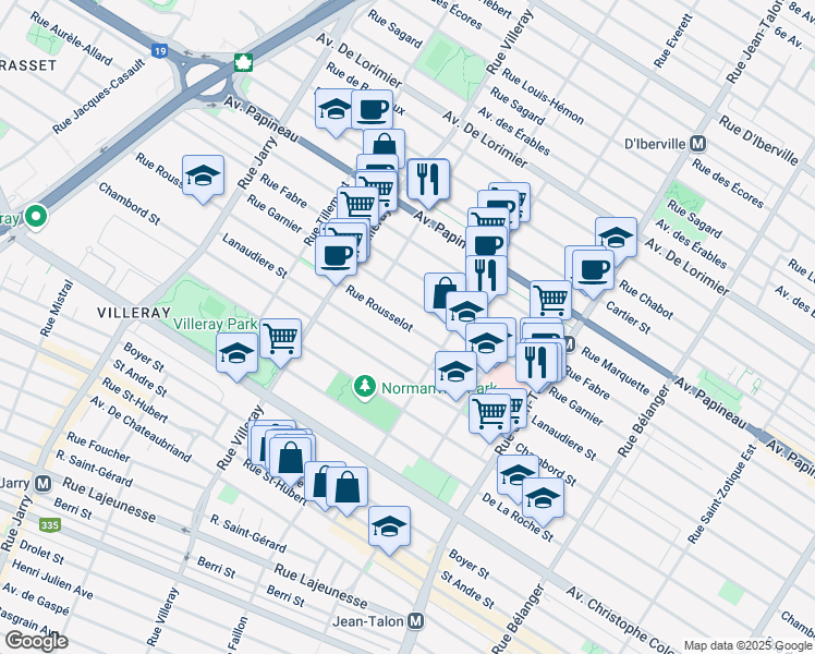 map of restaurants, bars, coffee shops, grocery stores, and more near 7490 Rue Rousselot in Montreal