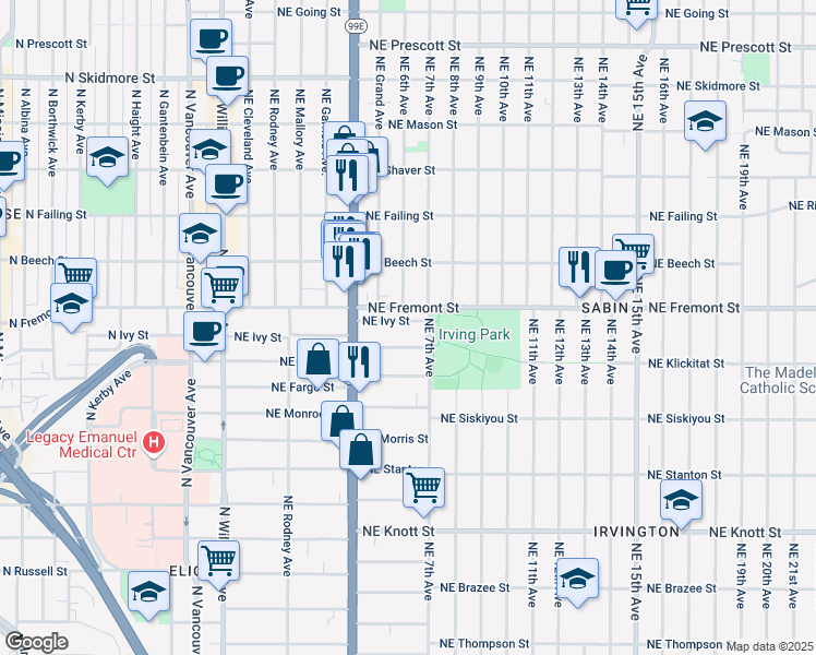map of restaurants, bars, coffee shops, grocery stores, and more near 606 Northeast Ivy Street in Portland