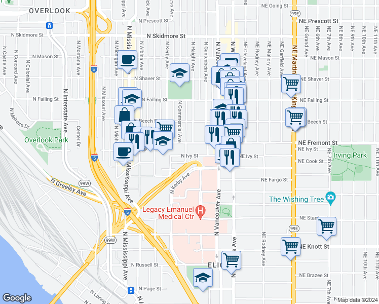 map of restaurants, bars, coffee shops, grocery stores, and more near 3412 North Commercial Avenue in Portland