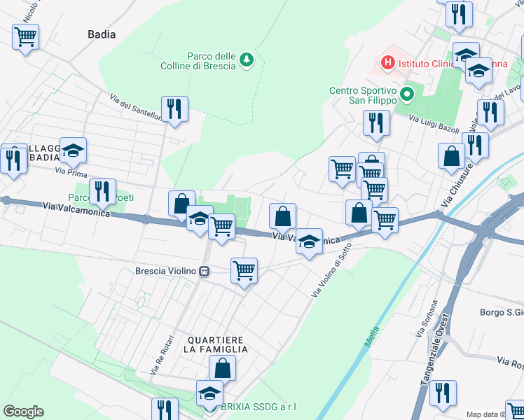 map of restaurants, bars, coffee shops, grocery stores, and more near 6 Via Fortunato Canevali in Brescia