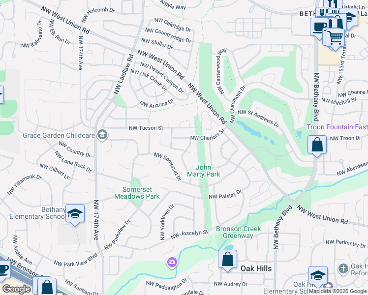 map of restaurants, bars, coffee shops, grocery stores, and more near 3869 Northwest 166th Drive in Beaverton