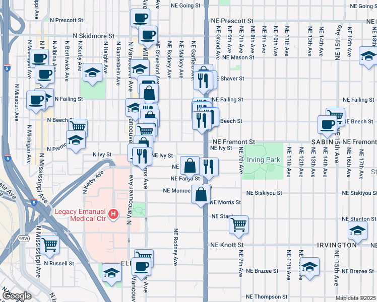 map of restaurants, bars, coffee shops, grocery stores, and more near 215 Northeast Ivy Street in Portland