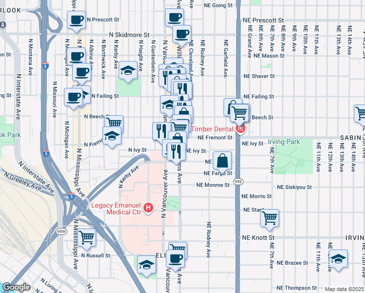 map of restaurants, bars, coffee shops, grocery stores, and more near 3450 North Williams Avenue in Portland