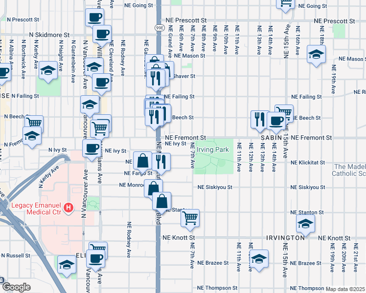 map of restaurants, bars, coffee shops, grocery stores, and more near 606 Northeast Ivy Street in Portland