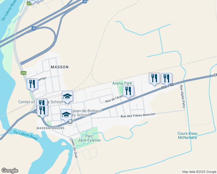 map of restaurants, bars, coffee shops, grocery stores, and more near 117 Rue Dugal in Gatineau