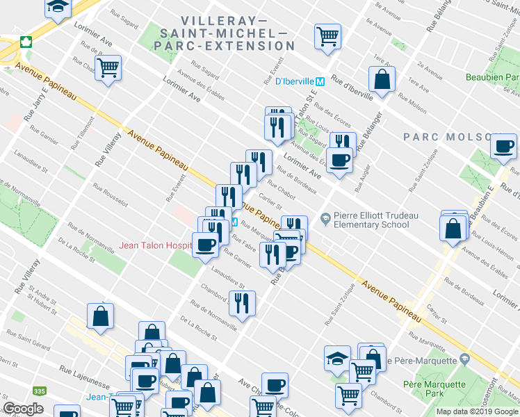 map of restaurants, bars, coffee shops, grocery stores, and more near 7095 Avenue Papineau in Montréal