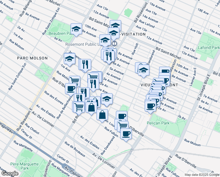 map of restaurants, bars, coffee shops, grocery stores, and more near 5804 2e Avenue in Montréal