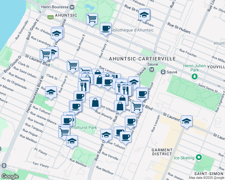map of restaurants, bars, coffee shops, grocery stores, and more near 10045 Boulevard Saint-Laurent in Montréal