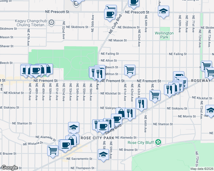 map of restaurants, bars, coffee shops, grocery stores, and more near 3414 Northeast 58th Avenue in Portland