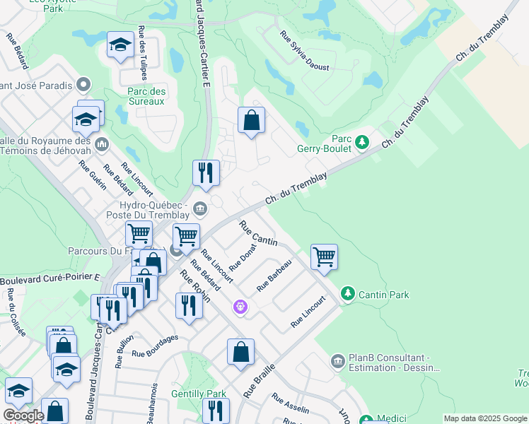 map of restaurants, bars, coffee shops, grocery stores, and more near in Longueuil