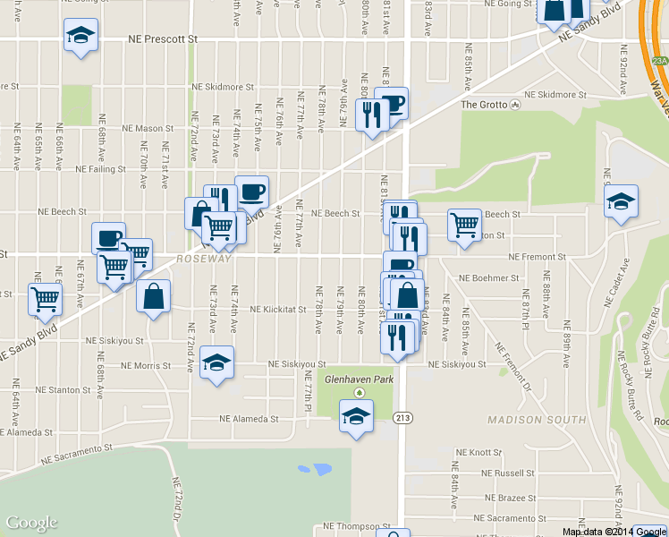 map of restaurants, bars, coffee shops, grocery stores, and more near 3435 NE 79th Ave in Portland