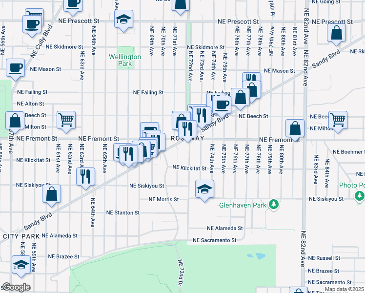map of restaurants, bars, coffee shops, grocery stores, and more near 3417 Northeast 72nd Avenue in Portland