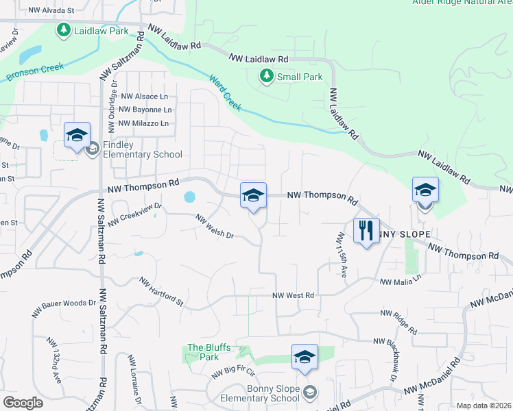 map of restaurants, bars, coffee shops, grocery stores, and more near 3874 Northwest Loriann Drive in Portland