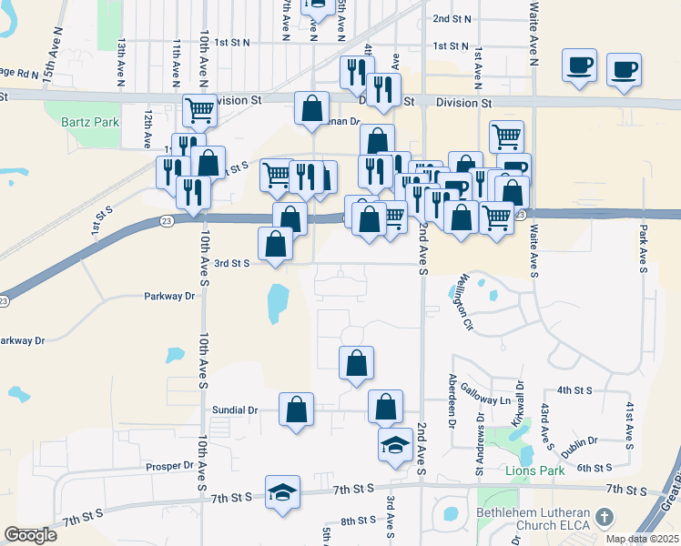 map of restaurants, bars, coffee shops, grocery stores, and more near 490 3rd Street South in Waite Park