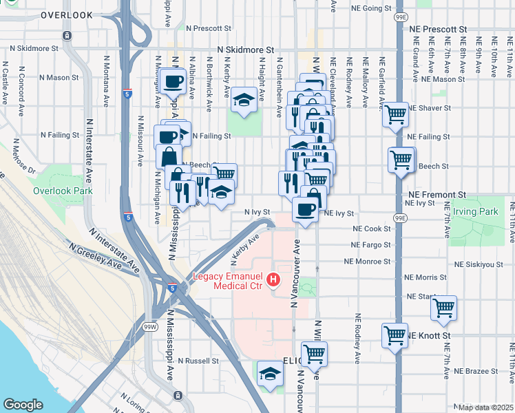 map of restaurants, bars, coffee shops, grocery stores, and more near 3418 North Commercial Avenue in Portland