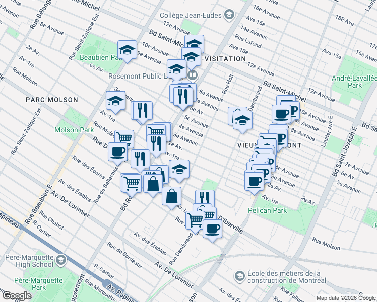 map of restaurants, bars, coffee shops, grocery stores, and more near 5789 2e Avenue in Montreal