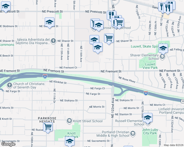 map of restaurants, bars, coffee shops, grocery stores, and more near 11830 Northeast Fremont Street in Portland