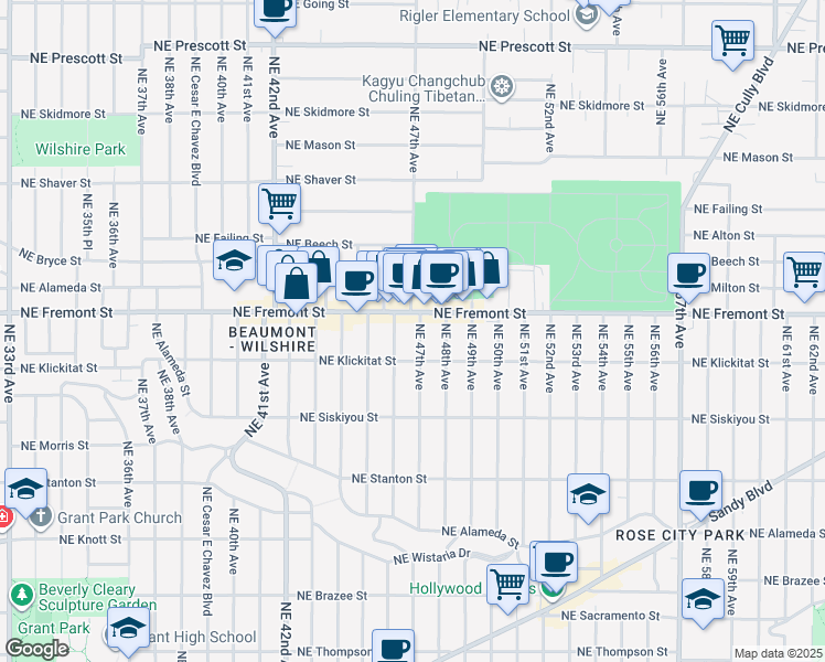 map of restaurants, bars, coffee shops, grocery stores, and more near 3334 Northeast 47th Avenue in Portland