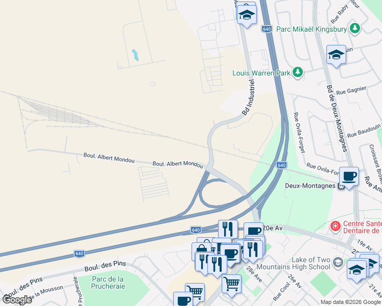 map of restaurants, bars, coffee shops, grocery stores, and more near 221 Boulevard Albert Mondou in Saint-Eustache