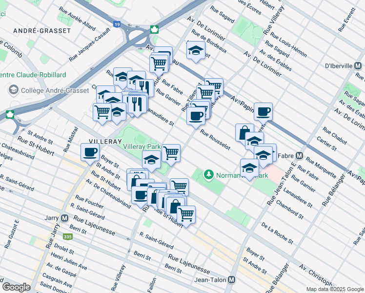 map of restaurants, bars, coffee shops, grocery stores, and more near 1287 Rue Villeray in Montréal