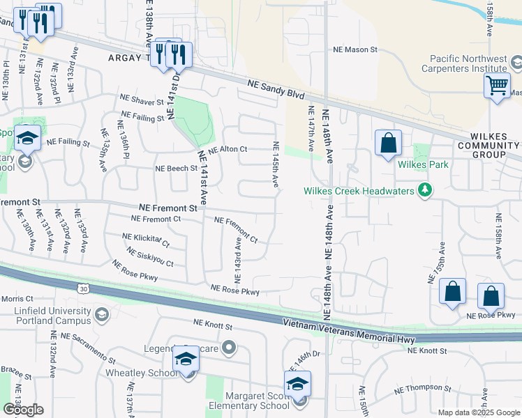 map of restaurants, bars, coffee shops, grocery stores, and more near 14420 Northeast Fremont Street in Portland
