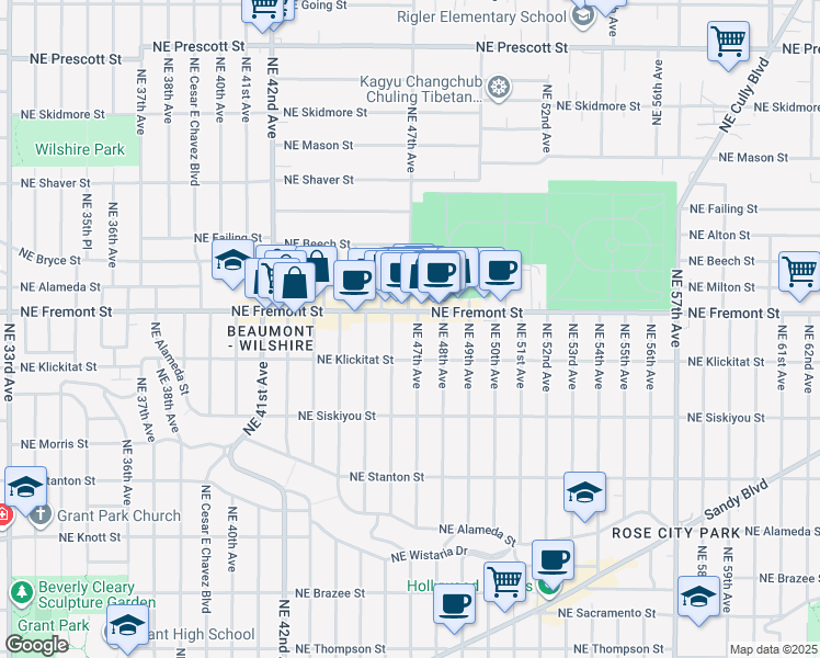 map of restaurants, bars, coffee shops, grocery stores, and more near 3334 Northeast 47th Avenue in Portland