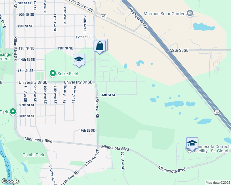map of restaurants, bars, coffee shops, grocery stores, and more near 1614 16th Street Southeast in St. Cloud