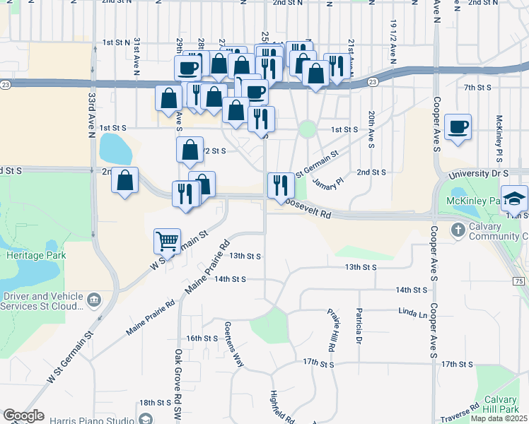 map of restaurants, bars, coffee shops, grocery stores, and more near 25th Avenue South in Saint Cloud