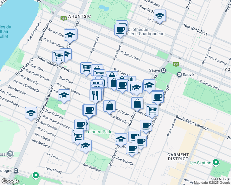 map of restaurants, bars, coffee shops, grocery stores, and more near 10150 Boulevard Saint-Laurent in Montréal