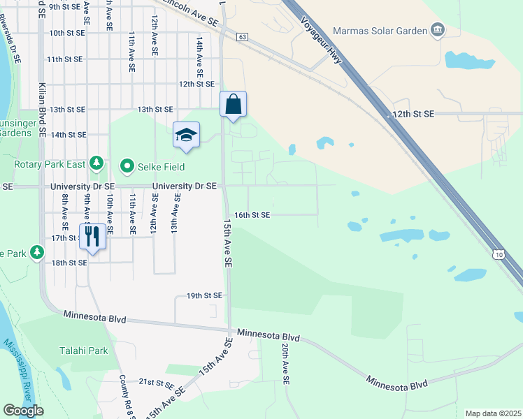 map of restaurants, bars, coffee shops, grocery stores, and more near 1625 16th Street Southeast in Saint Cloud
