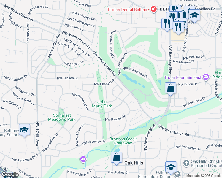 map of restaurants, bars, coffee shops, grocery stores, and more near 16113 Northwest Paisley Drive in Beaverton