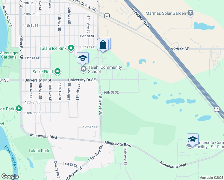 map of restaurants, bars, coffee shops, grocery stores, and more near 1614 16th Street Southeast in St. Cloud