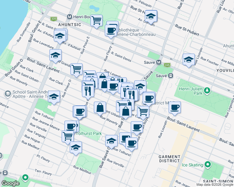 map of restaurants, bars, coffee shops, grocery stores, and more near 10047 Boulevard Saint-Laurent in Montréal