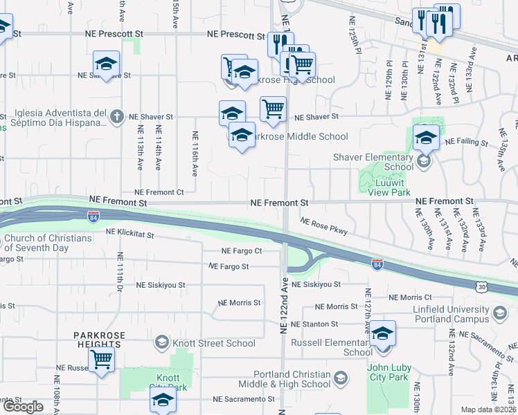 map of restaurants, bars, coffee shops, grocery stores, and more near 3443 Northeast 121st Avenue in Portland