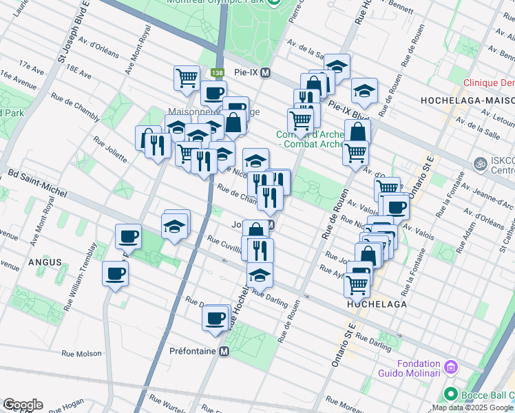 map of restaurants, bars, coffee shops, grocery stores, and more near 2566 Rue de Chambly in Montréal