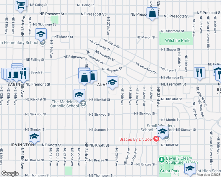 map of restaurants, bars, coffee shops, grocery stores, and more near 2732 Northeast Fremont Street in Portland