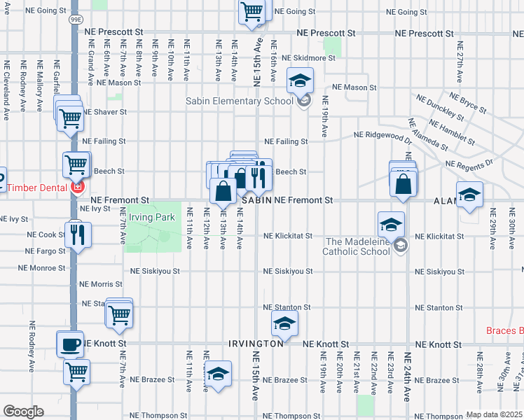 map of restaurants, bars, coffee shops, grocery stores, and more near 3424 Northeast 15th Avenue in Portland